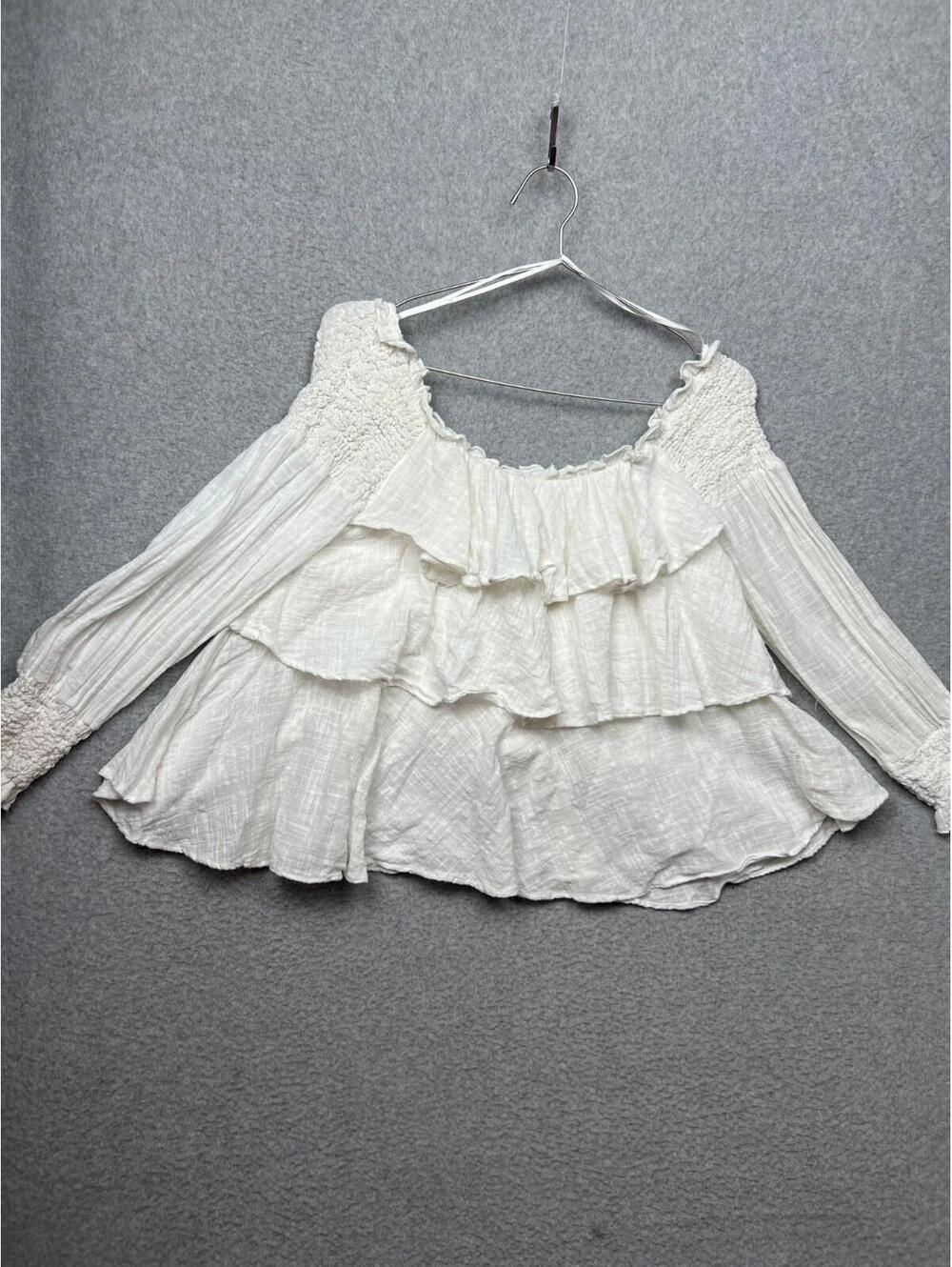 Zara Off The Shoulder Flowy Blouse Boho Long Sleeve Womens L Layer Ruffle Cotton